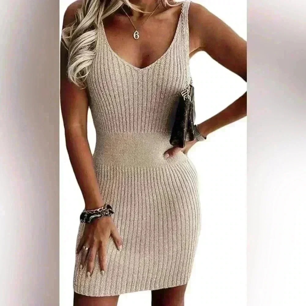Womens Knit Ribbed V Neck Sleeveless Bodycon Mini Dress Beige
